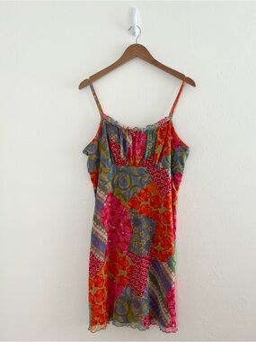 Y2K Patchwork Mini Dress Sz XL No Boundaries Colorblock Mesh Floral Ruffle
